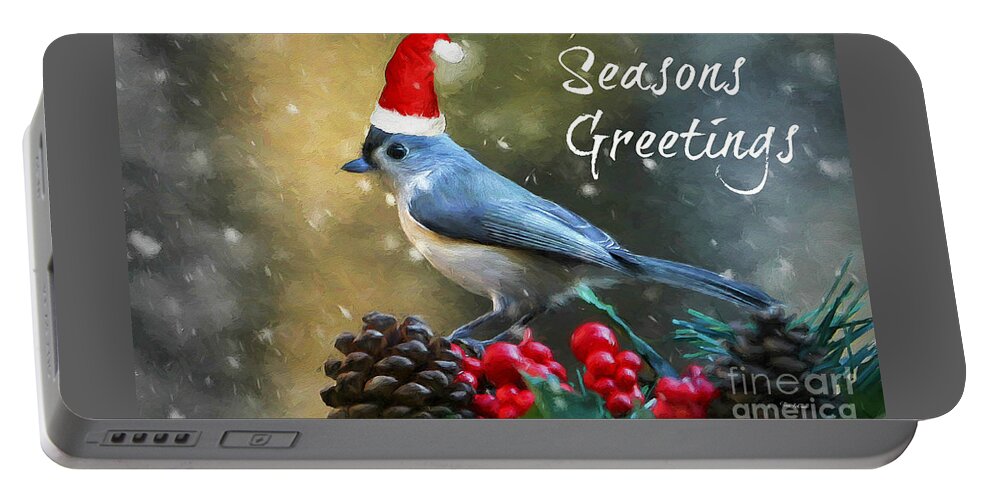 Christmas Card Portable Battery Charger featuring the mixed media Seasons Greetings Titmouse by Tina LeCour