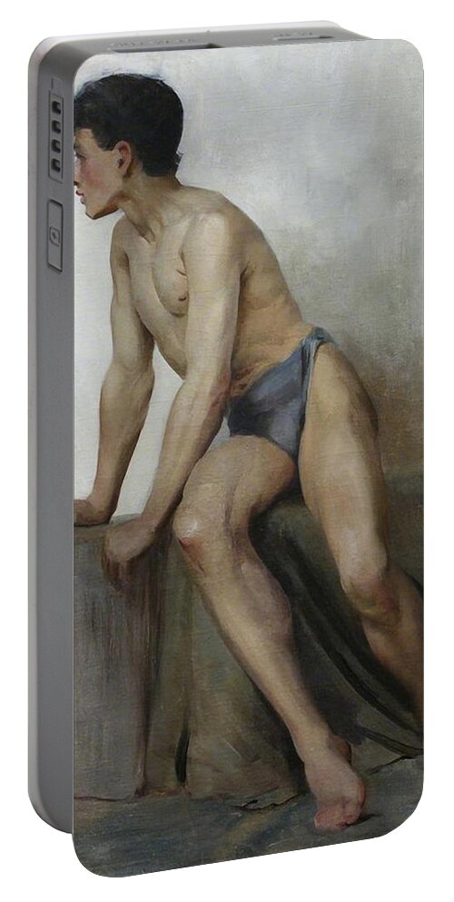 English Portable Battery Charger featuring the painting Seated Male Study by Henry Scott Tuke'