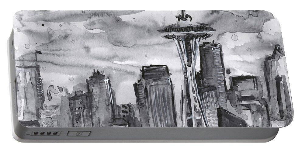 Seattle Portable Battery Charger featuring the painting Seattle Skyline Space Needle by Olga Shvartsur