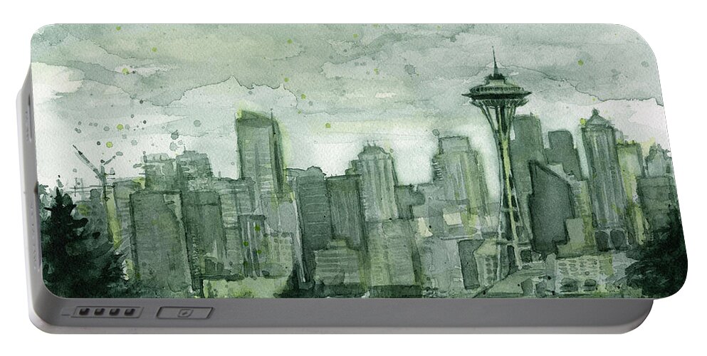 Seattle Portable Battery Charger featuring the painting Seattle Skyline Watercolor Space Needle by Olga Shvartsur
