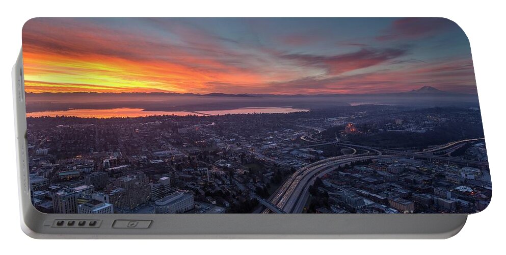 Seattle Portable Battery Charger featuring the photograph Seattle Sunrise from the Columbia Center by Mike Reid