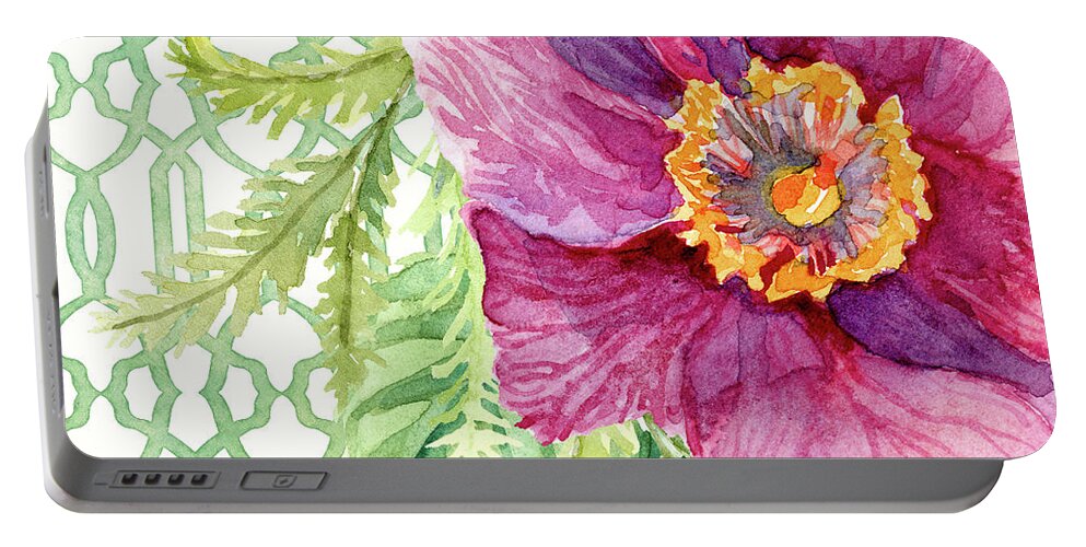 Watercolor On Paper Portable Battery Charger featuring the painting Secret Garden 1 - Single Peony Fern Hops and Trellis by Audrey Jeanne Roberts