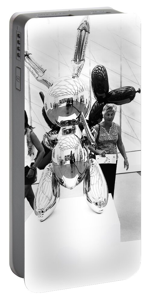 Self Portable Battery Charger featuring the photograph Self Portrait in Jeff Koons Mylar Rabbit Balloon Sculpture by Mary Capriole