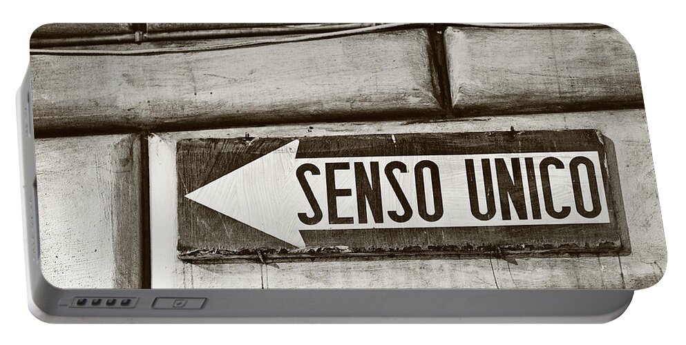 Black And White Portable Battery Charger featuring the photograph Senso Unico - One Way by Melanie Alexandra Price
