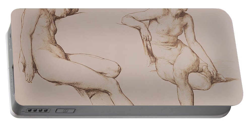 Sepia Portable Battery Charger featuring the drawing Sepia Drawing of Nude Woman by William Mulready