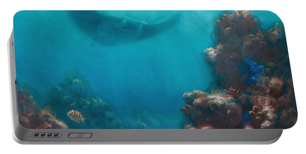 Reef Portable Battery Charger featuring the painting Serenity - Hawaiian Underwater Reef and Manta Ray by K Whitworth