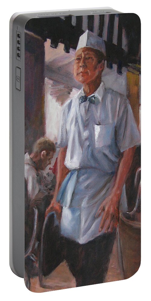 Cafe Du Monde Portable Battery Charger featuring the painting Service with Dignity by Connie Schaertl