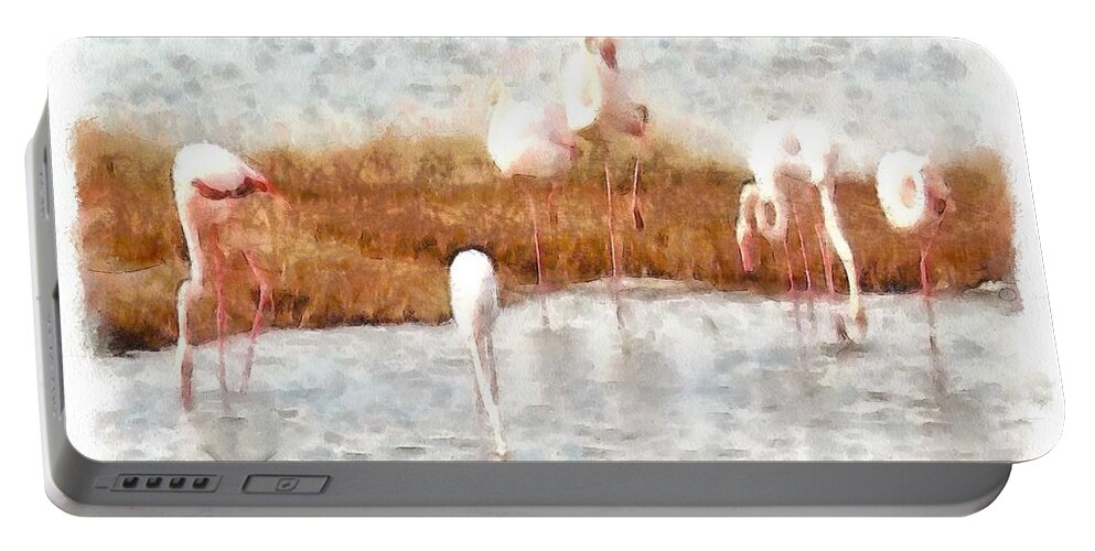 Flamingo Portable Battery Charger featuring the painting Seven Flamingos A Feeding Watercolor by Taiche Acrylic Art