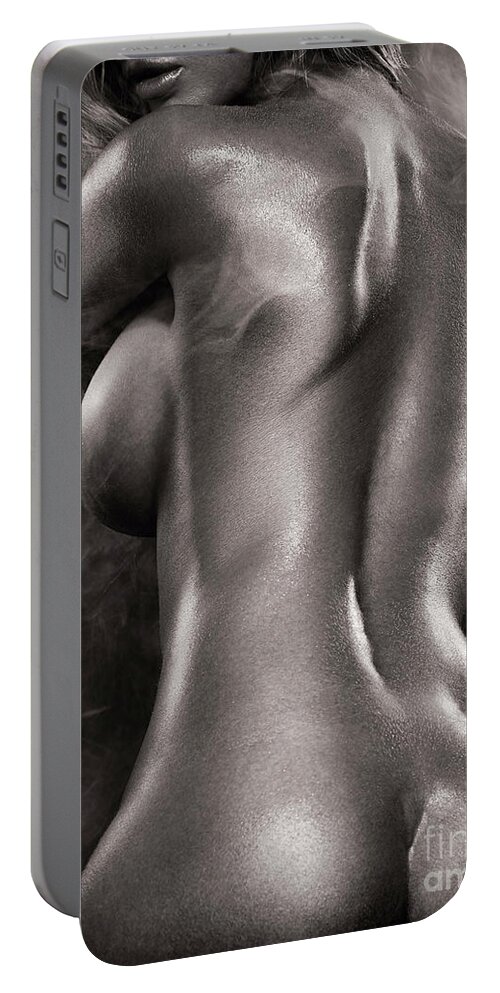 Erotic Portable Battery Charger featuring the photograph Sexy nude woman in steam room naked back artistic black and whit by Maxim Images Exquisite Prints
