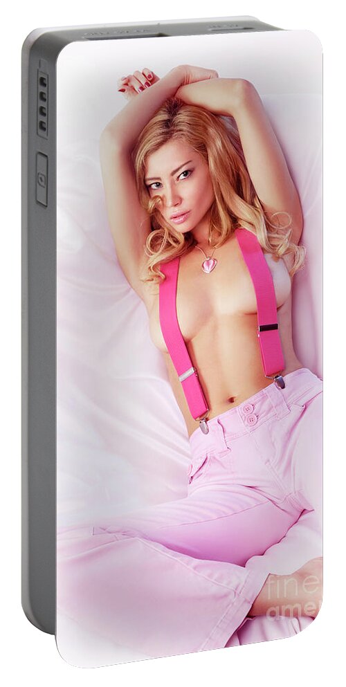 Glamour Portable Battery Charger featuring the photograph Sexy Young Topless Blond Woman in Pink Jeans with Suspenders by Maxim Images Exquisite Prints