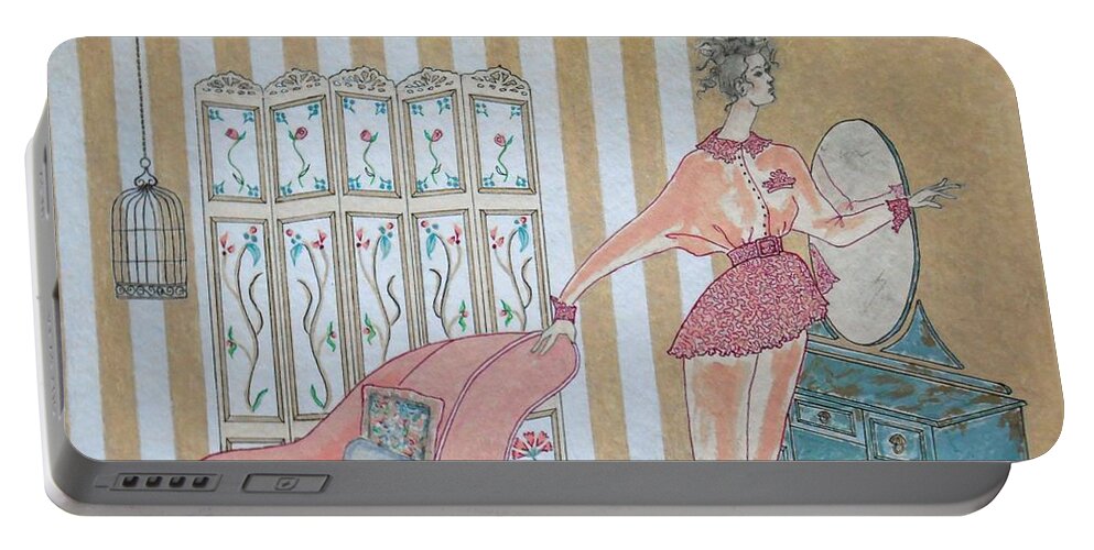 Shabby Chic Portable Battery Charger featuring the painting Shabby Chic -- Art Deco Interior w/ Fashion Figure by Jayne Somogy