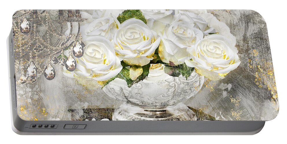 Shabby Roses Portable Battery Charger featuring the painting Shabby White Roses with Gold Glitter by Mindy Sommers