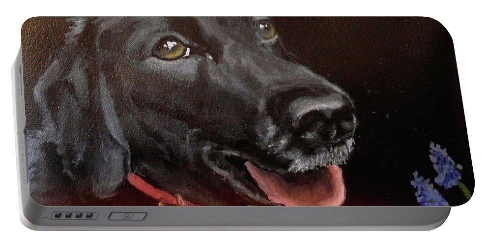 Black Lab Portable Battery Charger featuring the painting Shadow Good Boy by Carol Russell