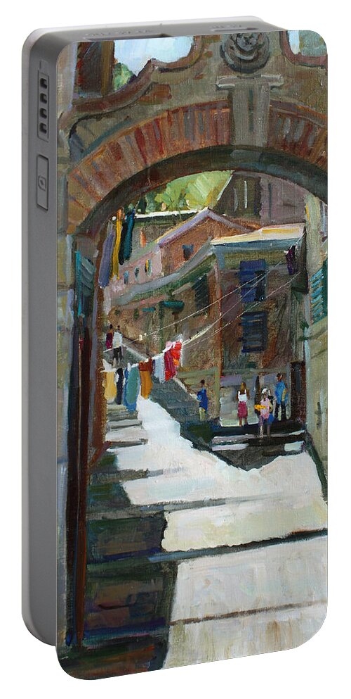 Landscape Portable Battery Charger featuring the painting Shadows the old town by Juliya Zhukova