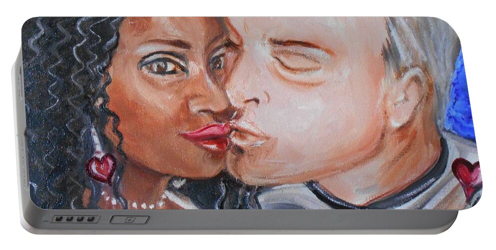 Interracialart Portable Battery Charger featuring the painting Shalonda and Rainer - All you need is love by Yesi Casanova