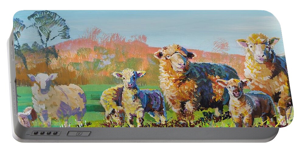 Sheep Portable Battery Charger featuring the painting Sheep and Lambs in Devon Landscape Bright Colors by Mike Jory