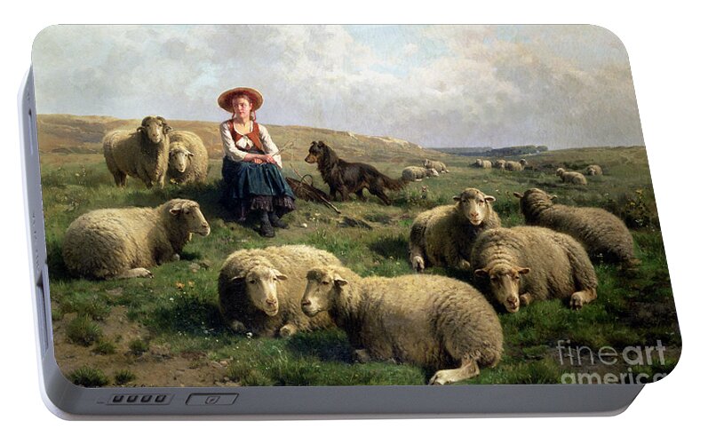 Shepherdess With Sheep In A Landscape By C. Leemputten (1841-1902) And Gerard Portable Battery Charger featuring the painting Shepherdess with Sheep in a Landscape by C Leemputten and T Gerard