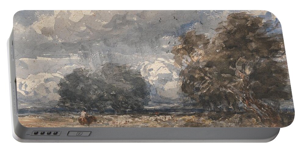 Shepherding The Flock Portable Battery Charger featuring the painting Shepherding the Flock Windy Day by David Cox 1848 by Celestial Images