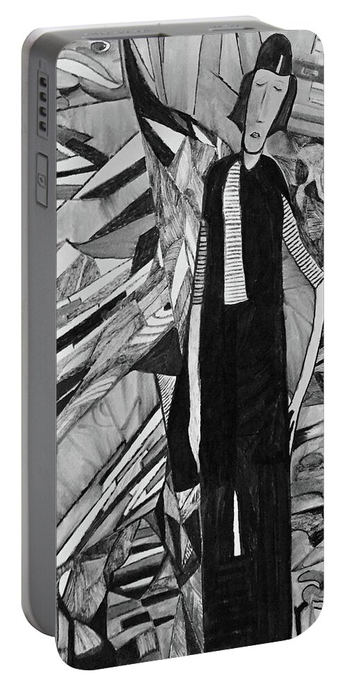 Abstract Portable Battery Charger featuring the drawing She's busy. Very very busy by Dennis Ellman