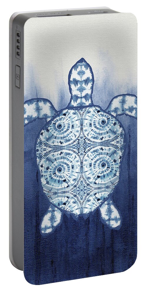 Shibori Portable Battery Charger featuring the painting Shibori Blue 1 - Patterned Sea Turtle over Indigo Ombre Wash by Audrey Jeanne Roberts
