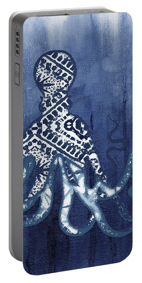 Octopus Portable Battery Charger featuring the painting Shibori Blue 2 - Patterned Octopus over Indigo Ombre Wash by Audrey Jeanne Roberts