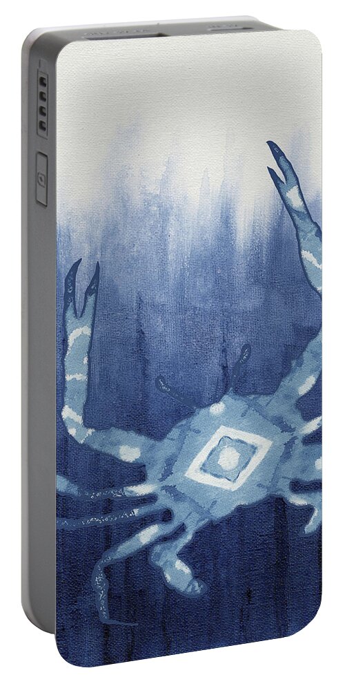 Blue Crab Portable Battery Charger featuring the painting Shibori Blue 4 - Patterned Blue Crab over Indigo Ombre Wash by Audrey Jeanne Roberts
