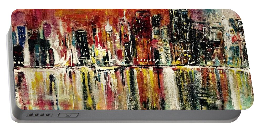 Tote Bag Portable Battery Charger featuring the painting Shimmering City Night Lights by Belinda Low