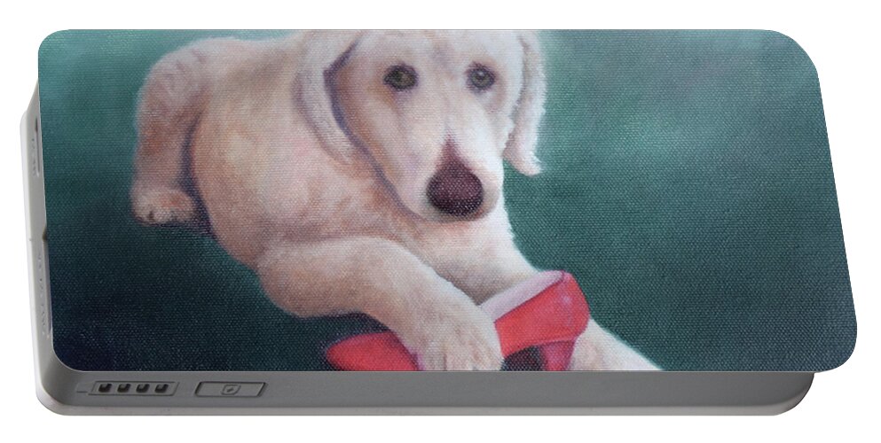 Dog With Shoe Portable Battery Charger featuring the painting Shoe Fetish by Marg Wolf