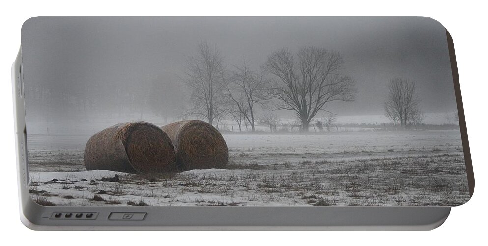 Foggy Field Landscape In Snow. Portable Battery Charger featuring the photograph Shoulder to Shoulder by Jack Harries