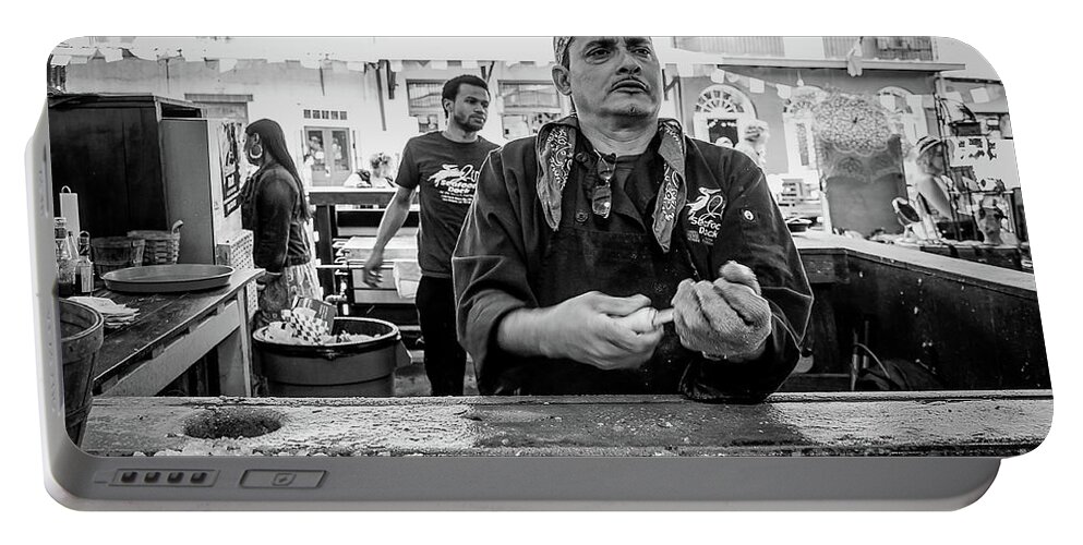 Man Portable Battery Charger featuring the photograph Shucking Oysters 2 - French Quarter- bw by Kathleen K Parker