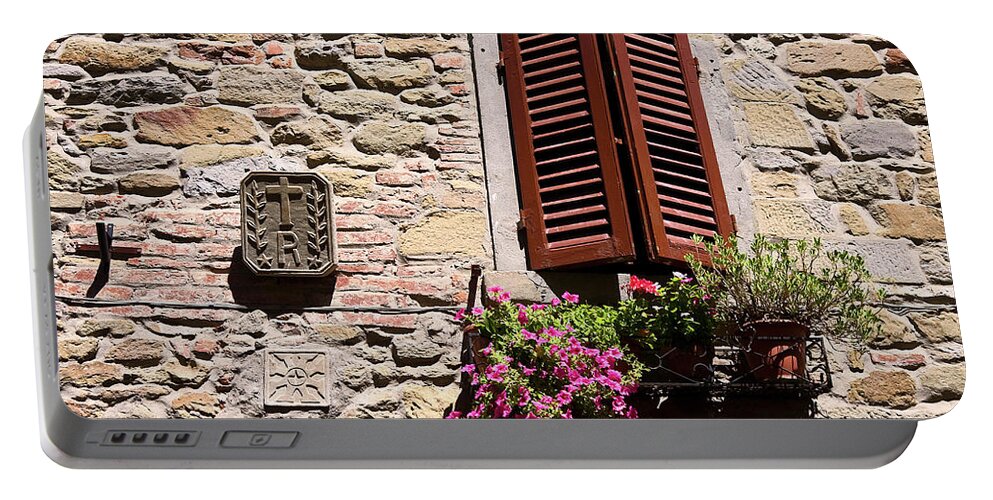 Wood Shutters Portable Battery Charger featuring the photograph Shuttered Window and Flowers by Sally Weigand