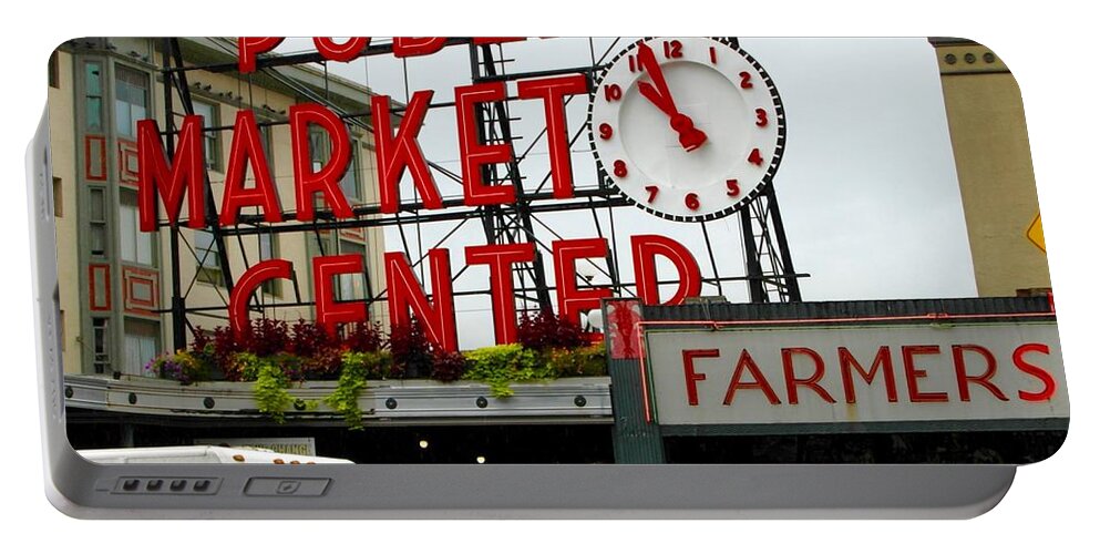 Public Market Center Portable Battery Charger featuring the photograph Sign With Clock by Elisabeth Derichs