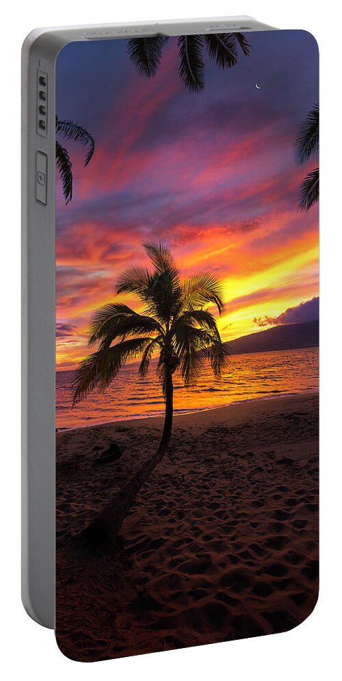Maui Hawaii Sunset Palmtrees Moon Seascape Ocean Portable Battery Charger featuring the photograph Silver Moon by James Roemmling