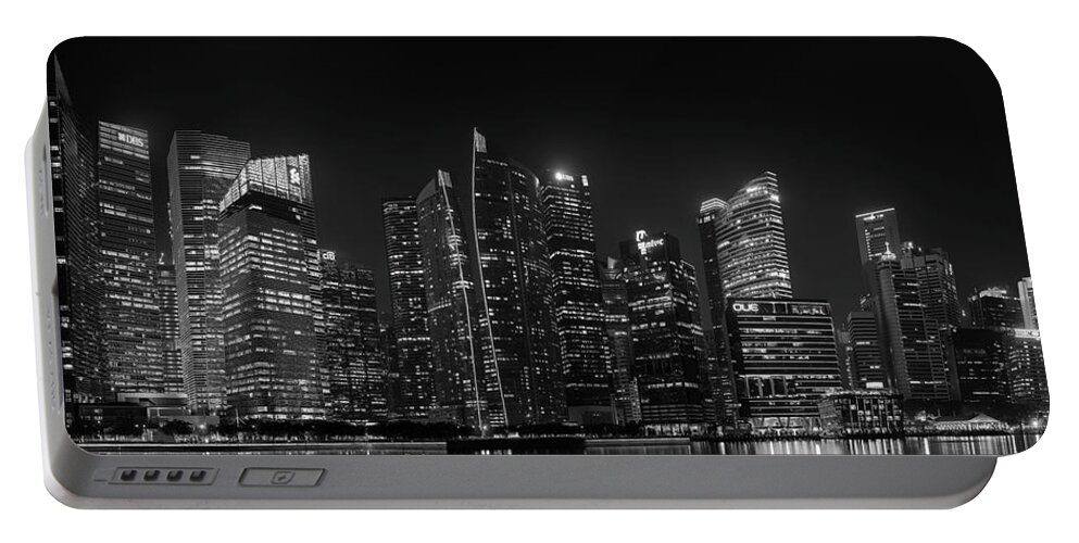 Panorama Portable Battery Charger featuring the photograph Singapore Skyline Panorama Black and White by Rick Deacon