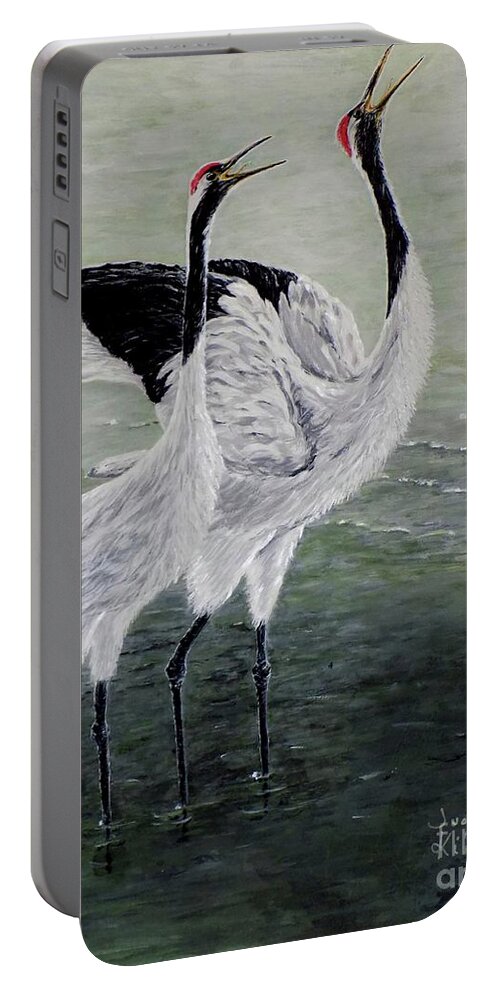 Bird Portable Battery Charger featuring the painting Singing Cranes by Judy Kirouac