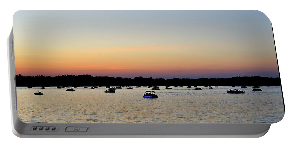 Webster Lake Portable Battery Charger featuring the photograph Single Blue Boat Webster Lake Sunset by Luke Moore