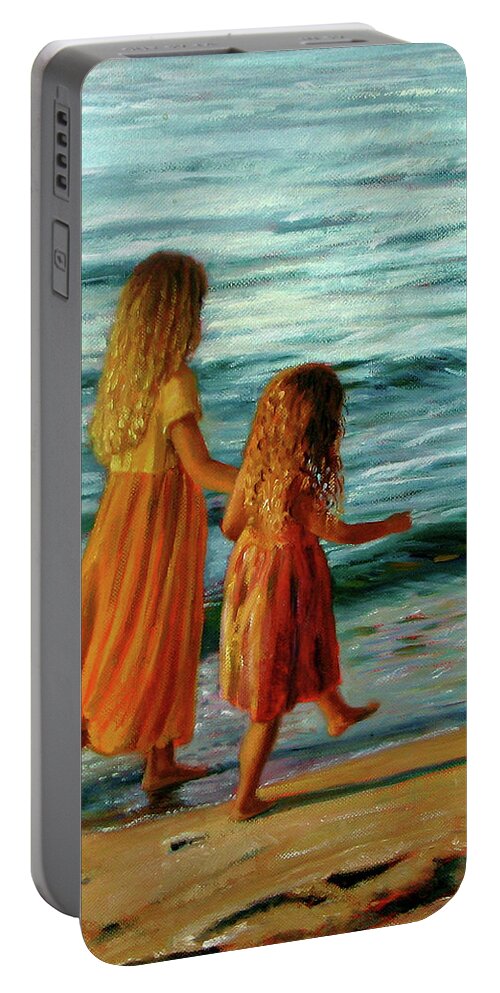 Young Sisters Portable Battery Charger featuring the painting Sisters Walking by Marie Witte