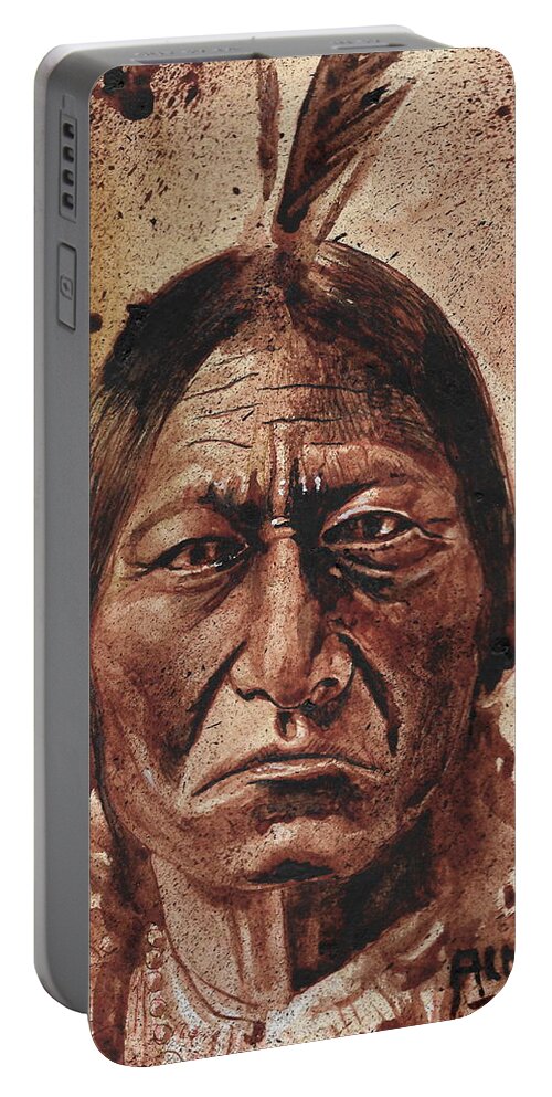 Ryan Almighty Portable Battery Charger featuring the painting SITTING BULL - dry blood by Ryan Almighty