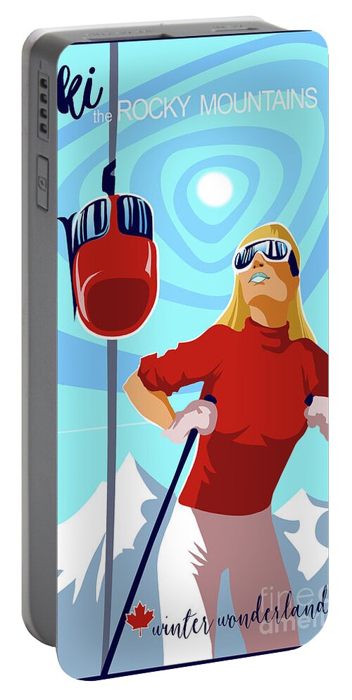 Retro Ski Poster Portable Battery Charger featuring the painting Ski Bunny retro ski poster by Sassan Filsoof