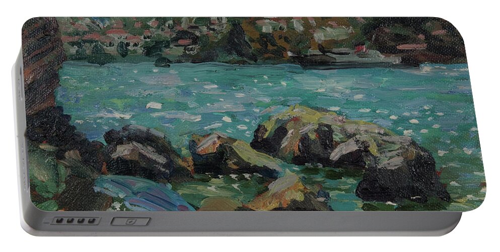 Painting Portable Battery Charger featuring the painting Skopelos harbour by Peregrine Roskilly