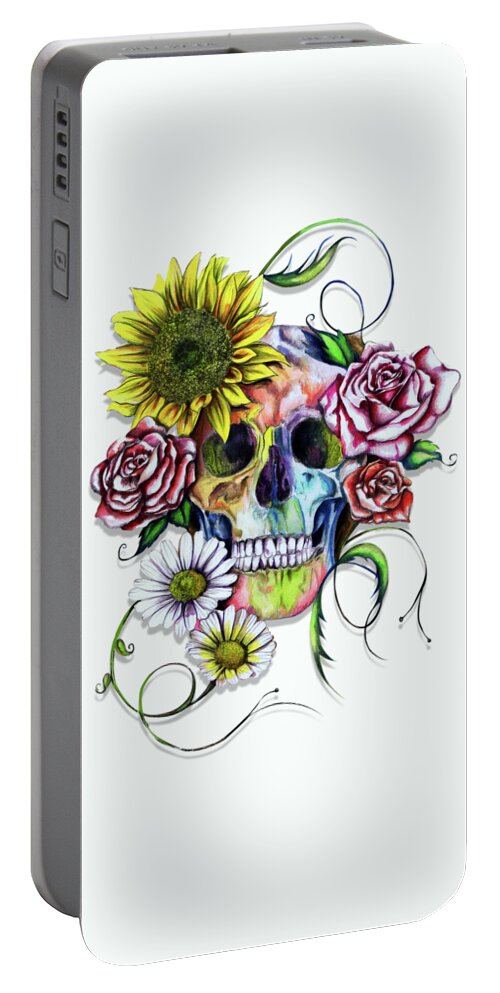 Skull Portable Battery Charger featuring the painting Skull and flowers by Isabel Salvador