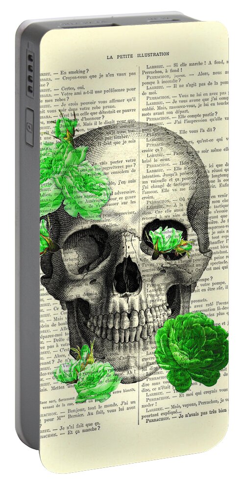 Skull Portable Battery Charger featuring the digital art Skull and green roses illustration by Madame Memento