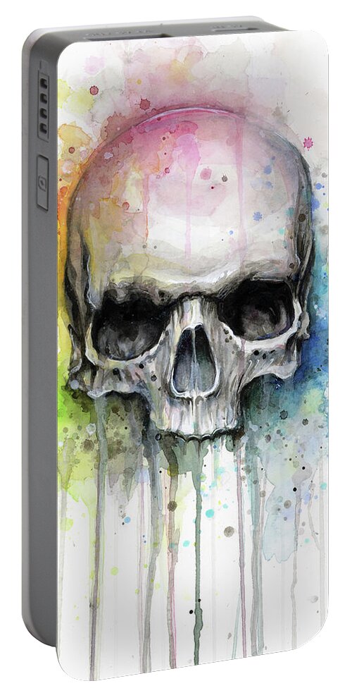 Skull Portable Battery Charger featuring the painting Skull Watercolor Rainbow by Olga Shvartsur