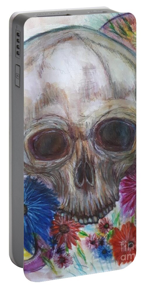 Skull Portable Battery Charger featuring the drawing Skull with flowers and ribbon by Lisa Koyle