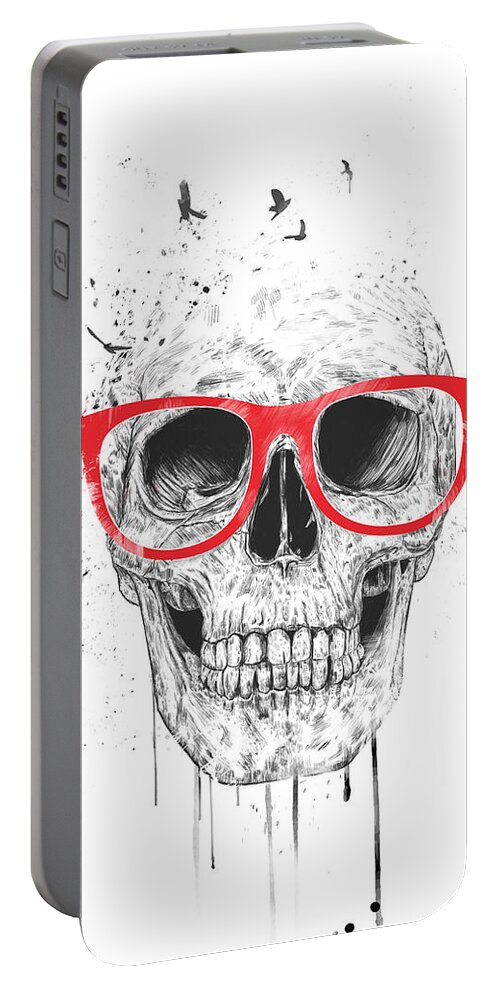 Skull Portable Battery Charger featuring the mixed media Skull with red glasses by Balazs Solti