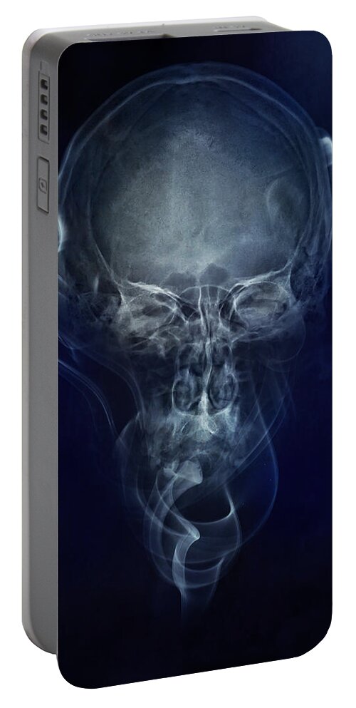 Skull Portable Battery Charger featuring the photograph Skulls and smokes - blue version by Jaroslaw Blaminsky