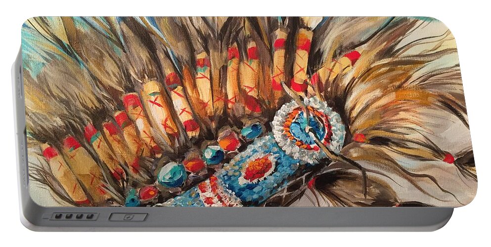 Boho Indian Tribal Feathers Portable Battery Charger featuring the painting Sky Feather Detail by Heather Roddy