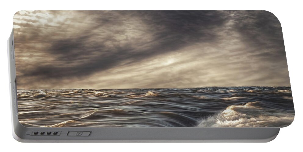 Seascape Portable Battery Charger featuring the photograph Sky Water Rocks by Bob Orsillo