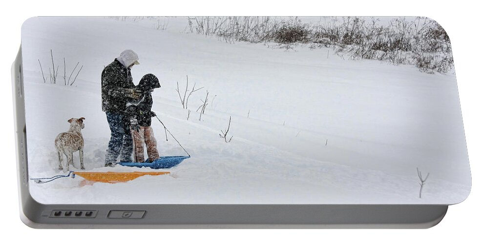 Boy Portable Battery Charger featuring the photograph Sledding by Denise Romano