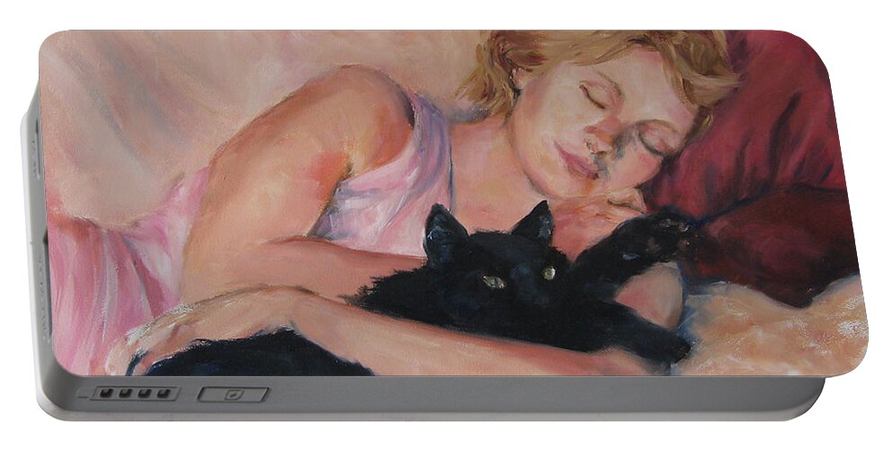 Portrait Portable Battery Charger featuring the painting Sleeping with Fur by Connie Schaertl